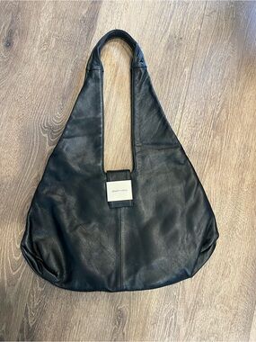 Renato Angi Black Leather Tote with Silver Logo Plate
